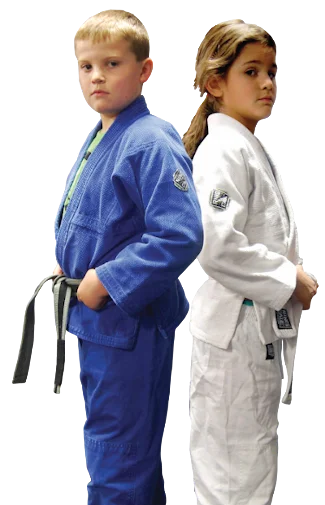 Photo of two kids in Brazilian Jiu-Jitsu gis, standing back-to-back